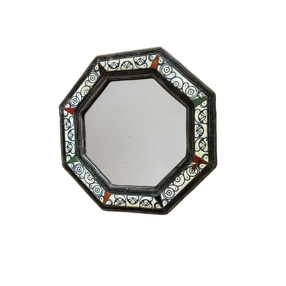 Vintage Octagonal Mirror With Hand-Painted Ceramic Tile Design - 8